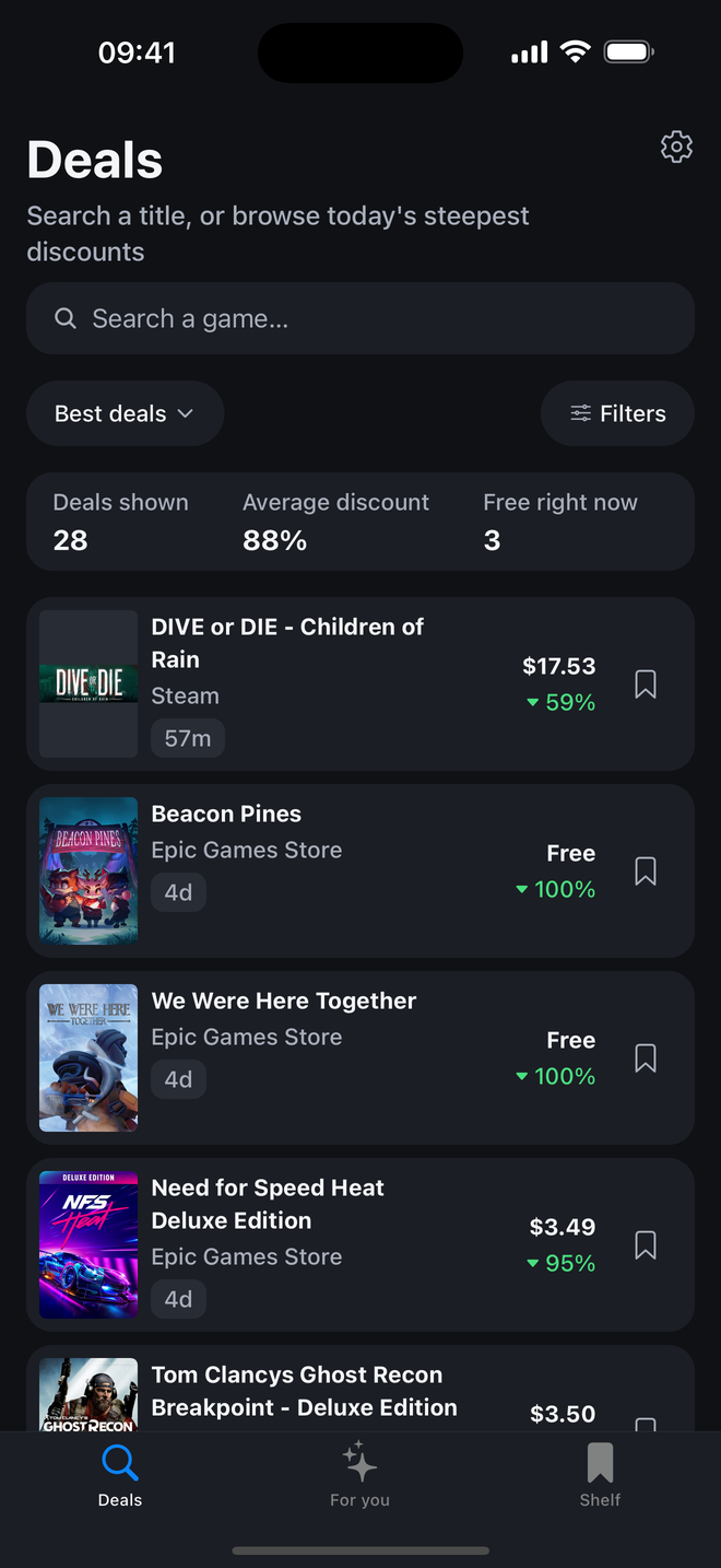 The Deals tab, showing discounted PC games with cover art, price and percentage off.