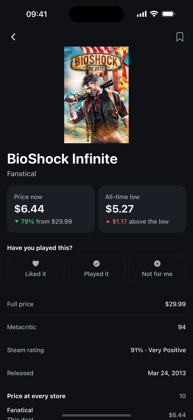 A game's detail screen, showing its current price against its all-time low and the price at every store selling it.