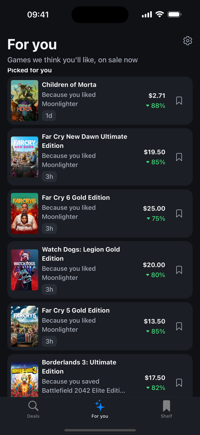 The For you tab, recommending discounted games with an explanation of why each was chosen.